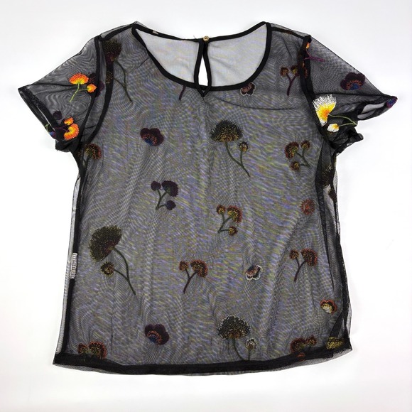 Sheer Embroidered Floral Top No Size Tag Black S/S Whimsy Goth Cottage Fairy - Picture 7 of 11